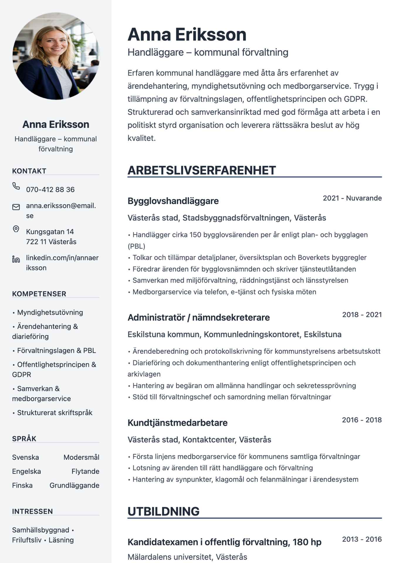 CV exempel kommun – Anna Eriksson, Handläggare – kommunal förvaltning