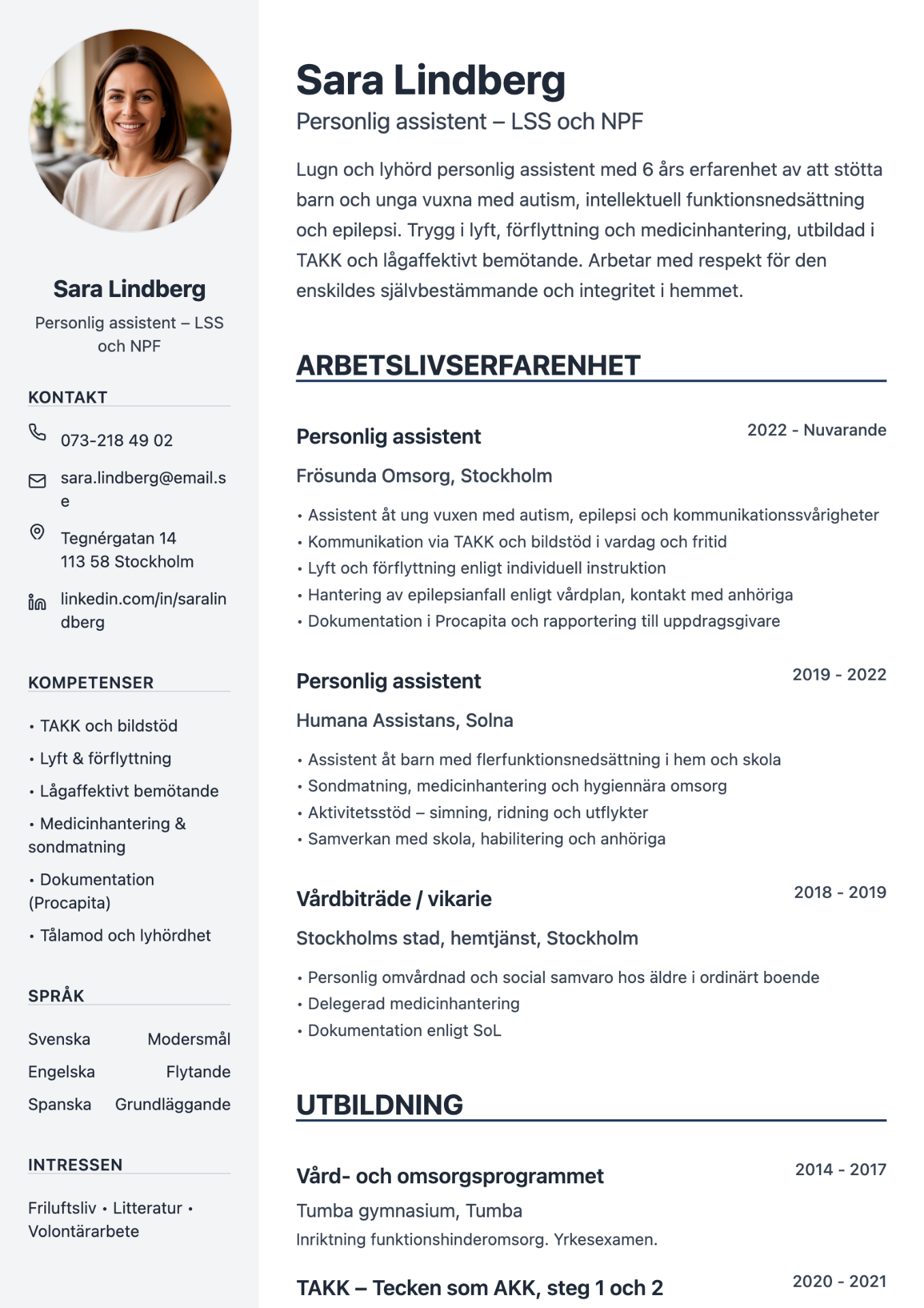 CV exempel personlig assistent – Sara Lindberg, Personlig assistent – LSS och NPF