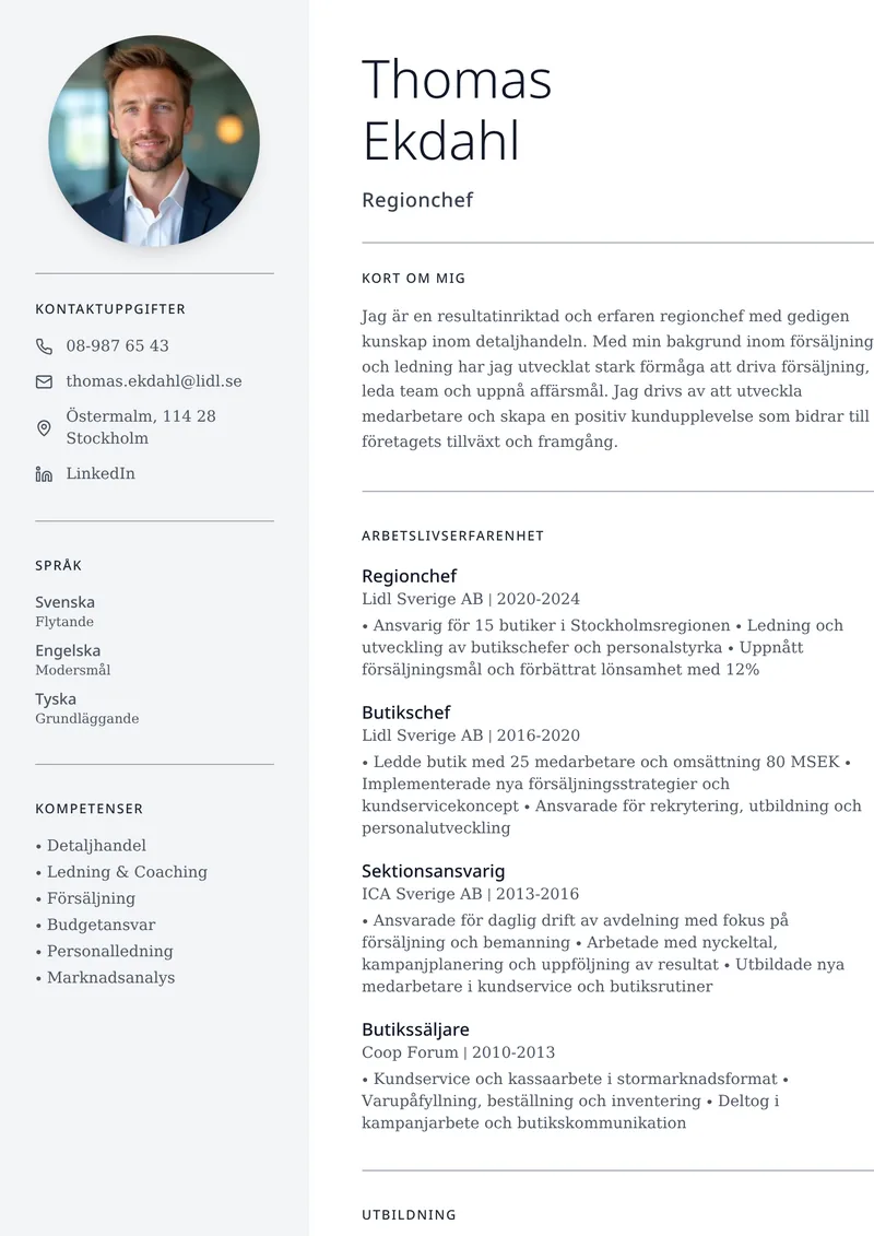 CV-exempel för regionchef med minimalistisk layout och cirkelformad profilbild