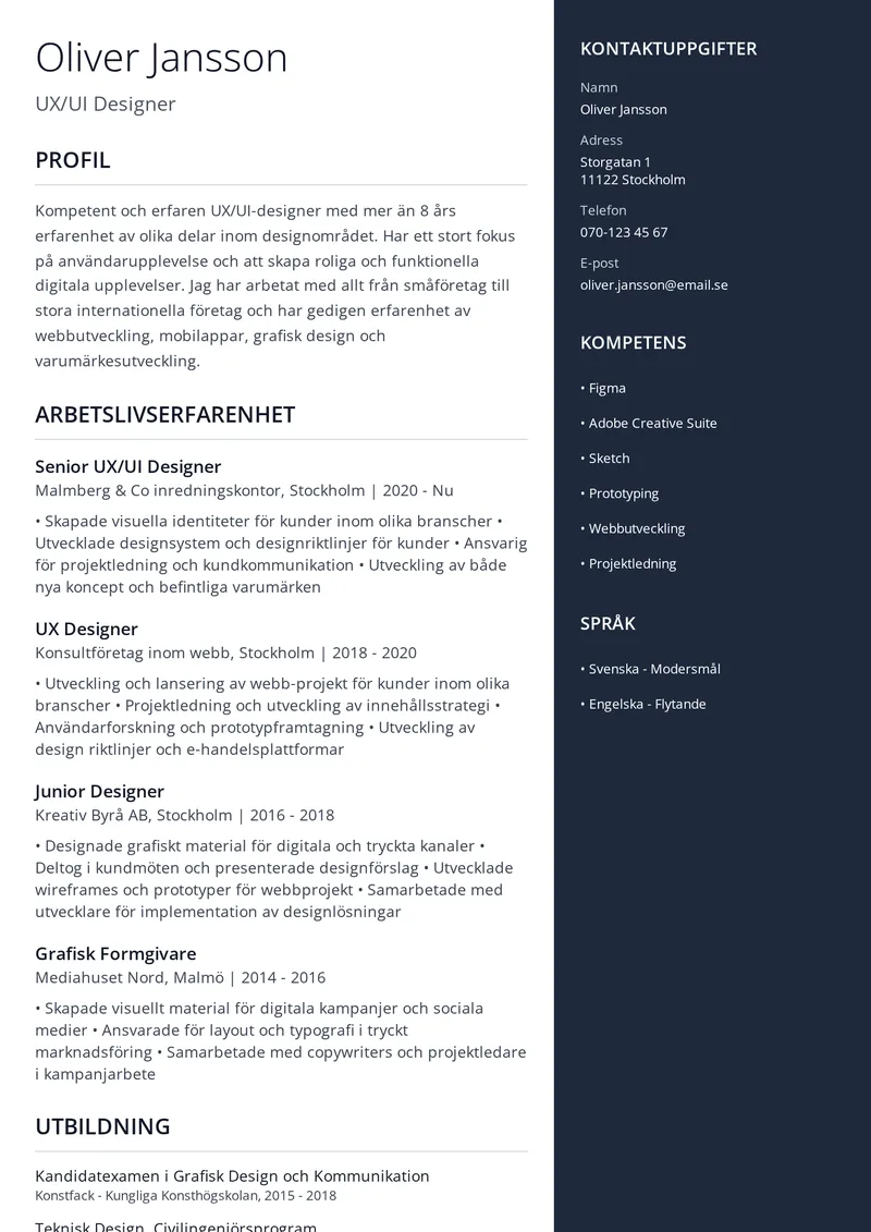 CV-exempel för UX-designer med asymmetrisk enkolumnslayout och färgstark accent