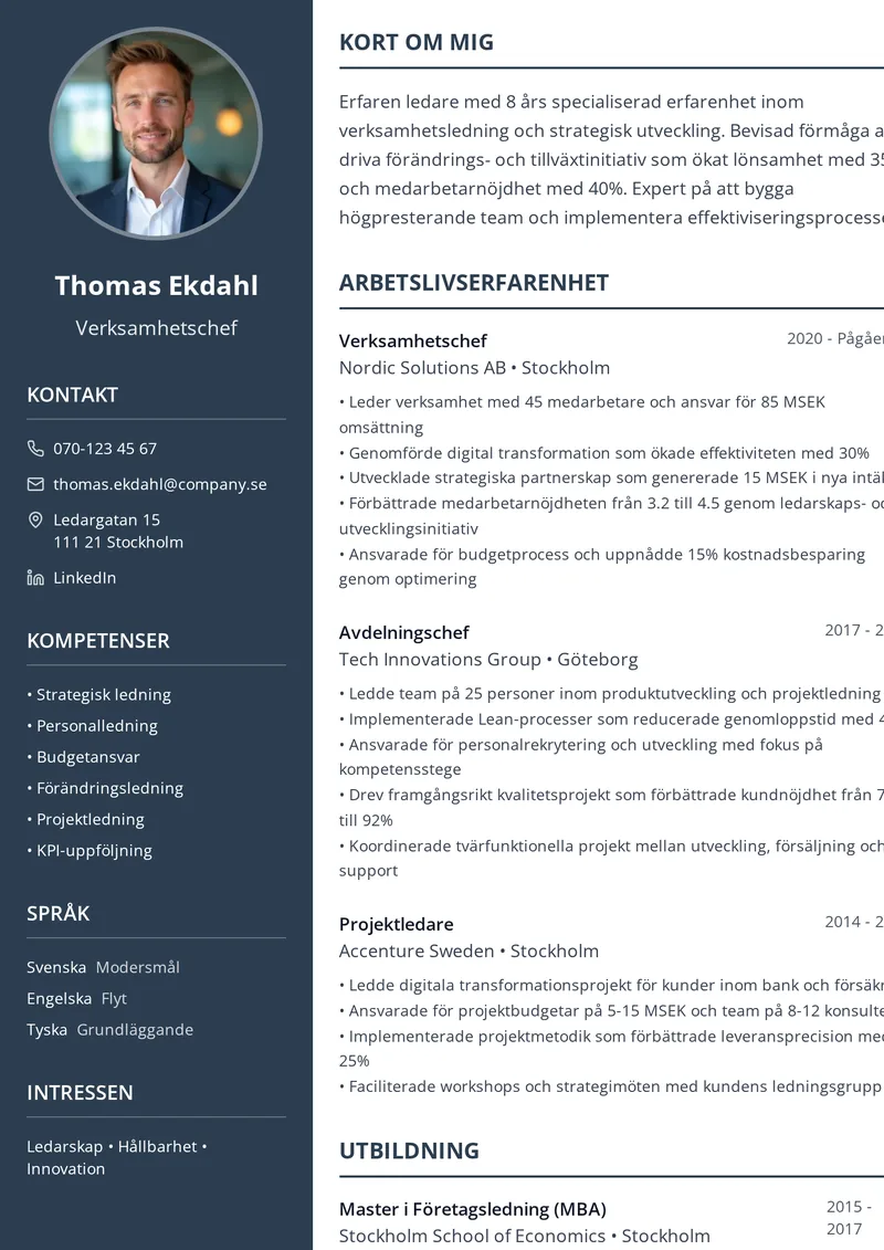 CV-exempel för verksamhetschef med stadig struktur och balanserad tvåspaltslayout