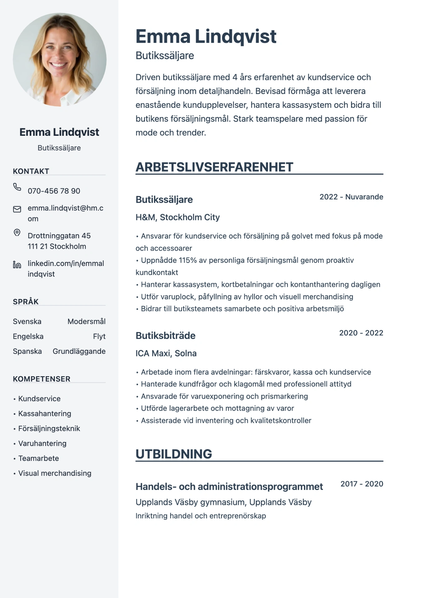 CV exempel för butikssäljare - Sofia Bergström
