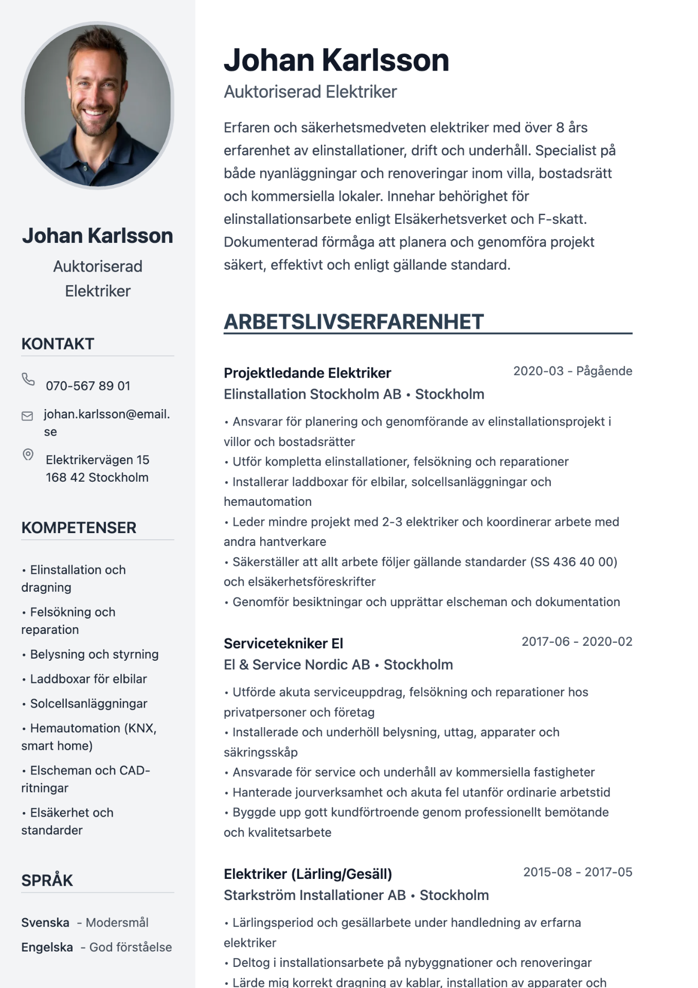 Exempel på CV för elektriker skapat med professionell cv-mall