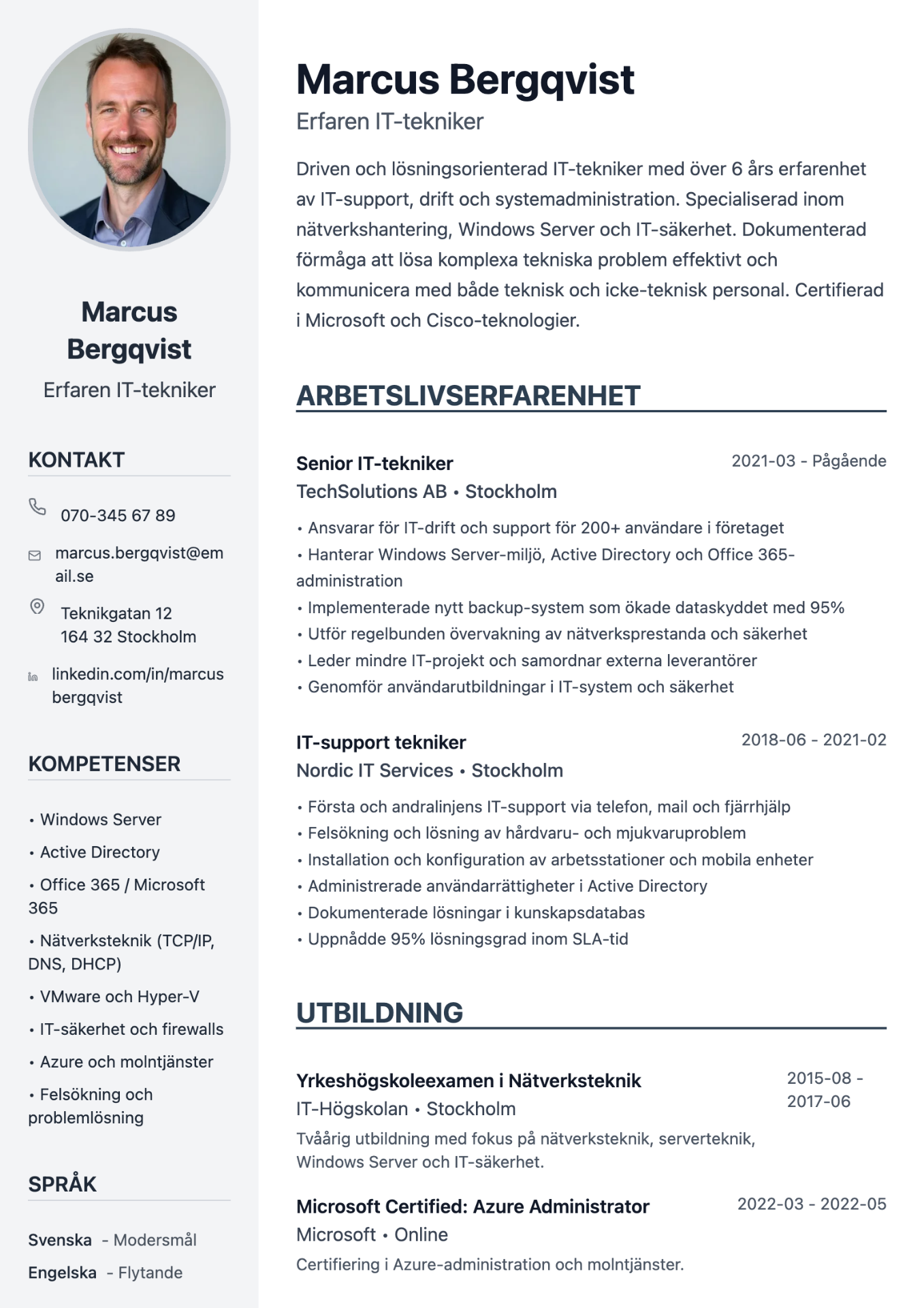Exempel på CV för IT-tekniker skapat med professionell cv-mall