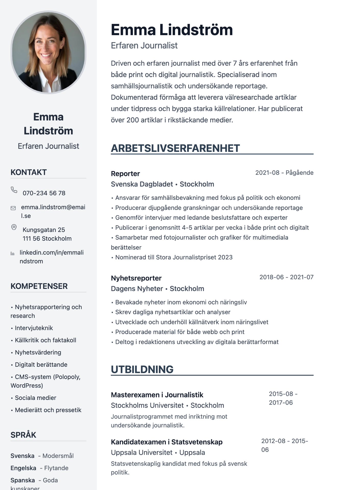 Exempel på CV för journalist skapat med professionell cv-mall