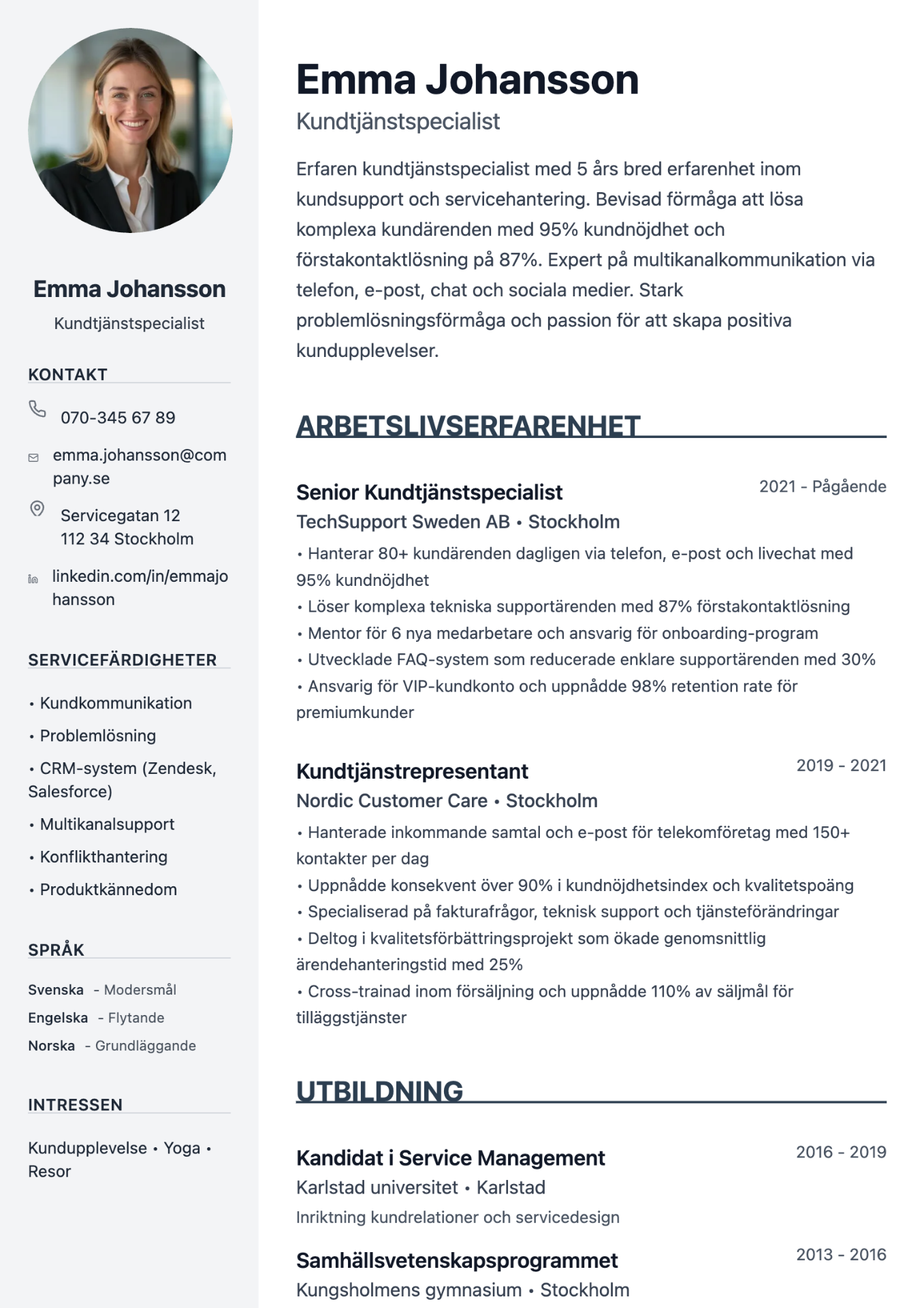 Exempel på CV för kundtjänst skapat med professionell cv-mall