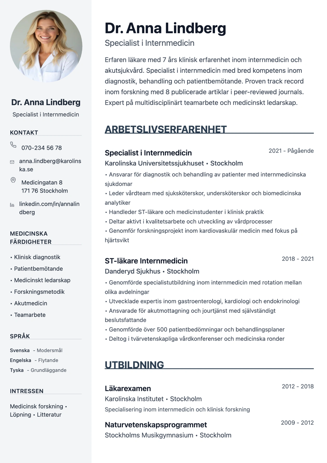CV exempel för läkare - Dr. Anna Lindberg