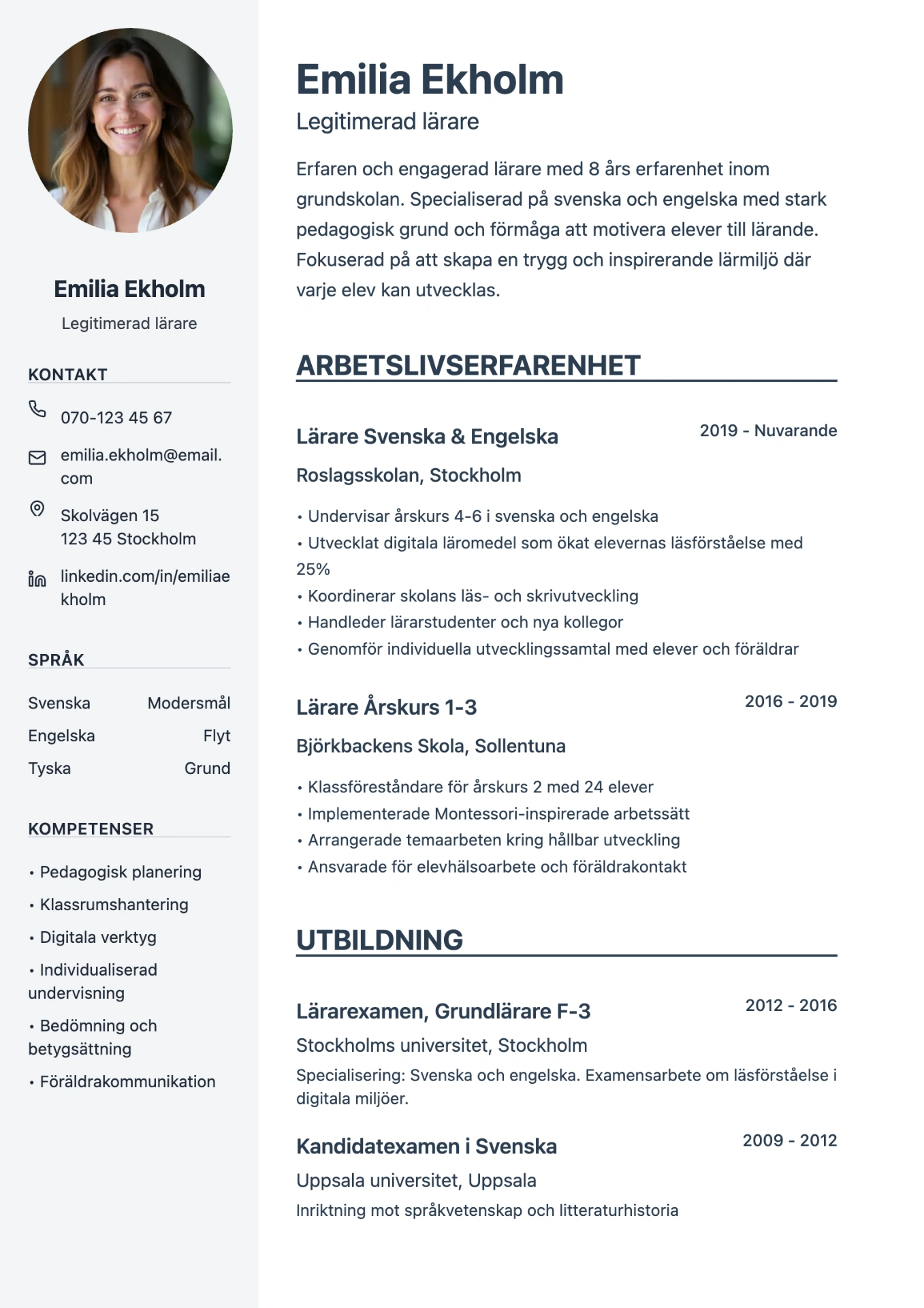 Exempel på CV för lärare skapat med professionell cv-mall
