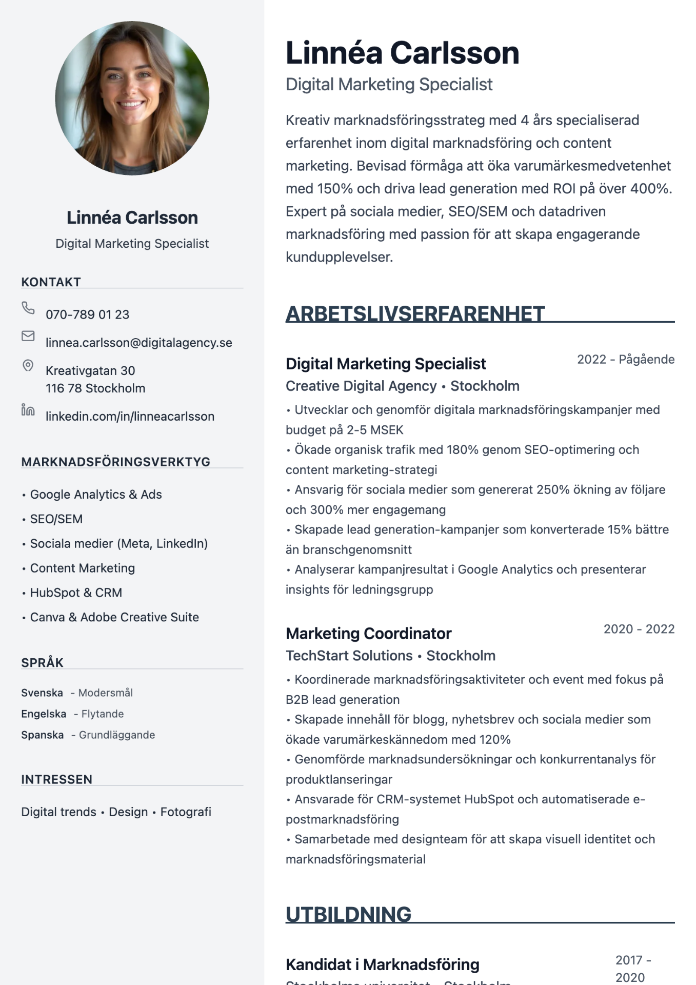 Exempel på CV för marknadsförare skapat med professionell cv-mall