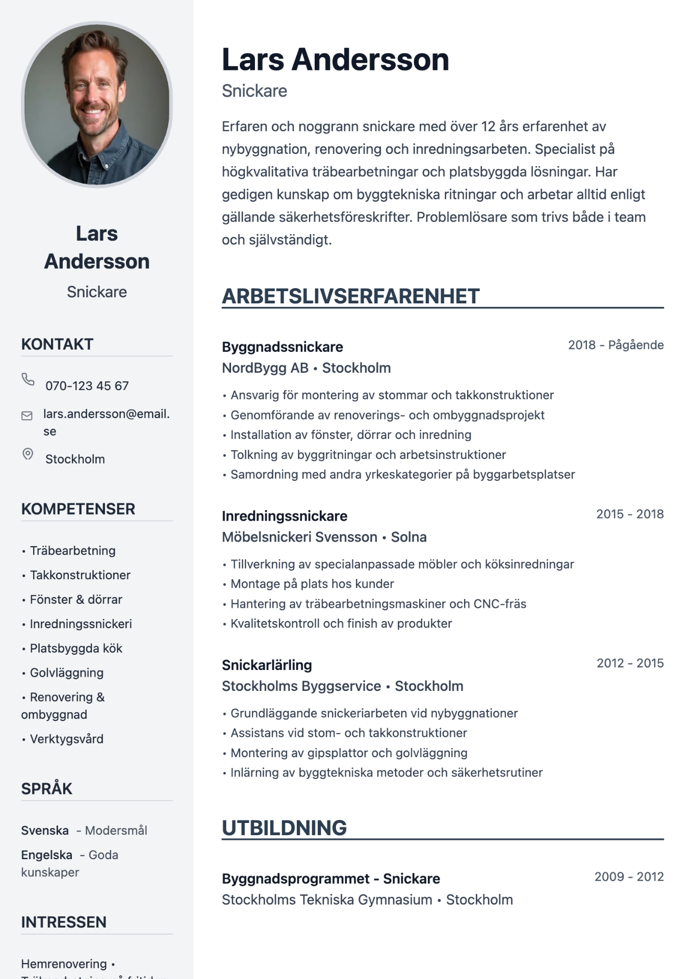 Exempel på CV för snickare skapat med professionell cv-mall