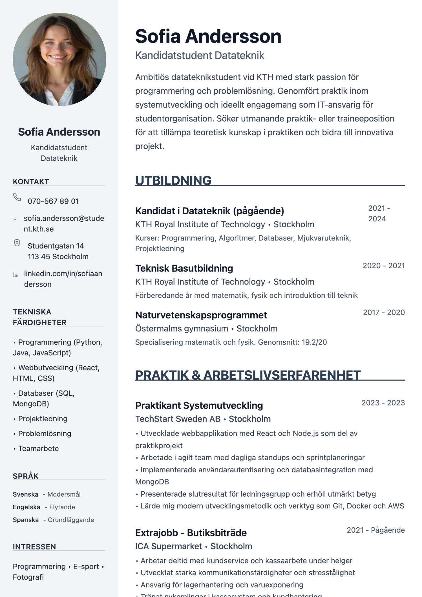 Exempel på CV för student skapat med professionell cv-mall