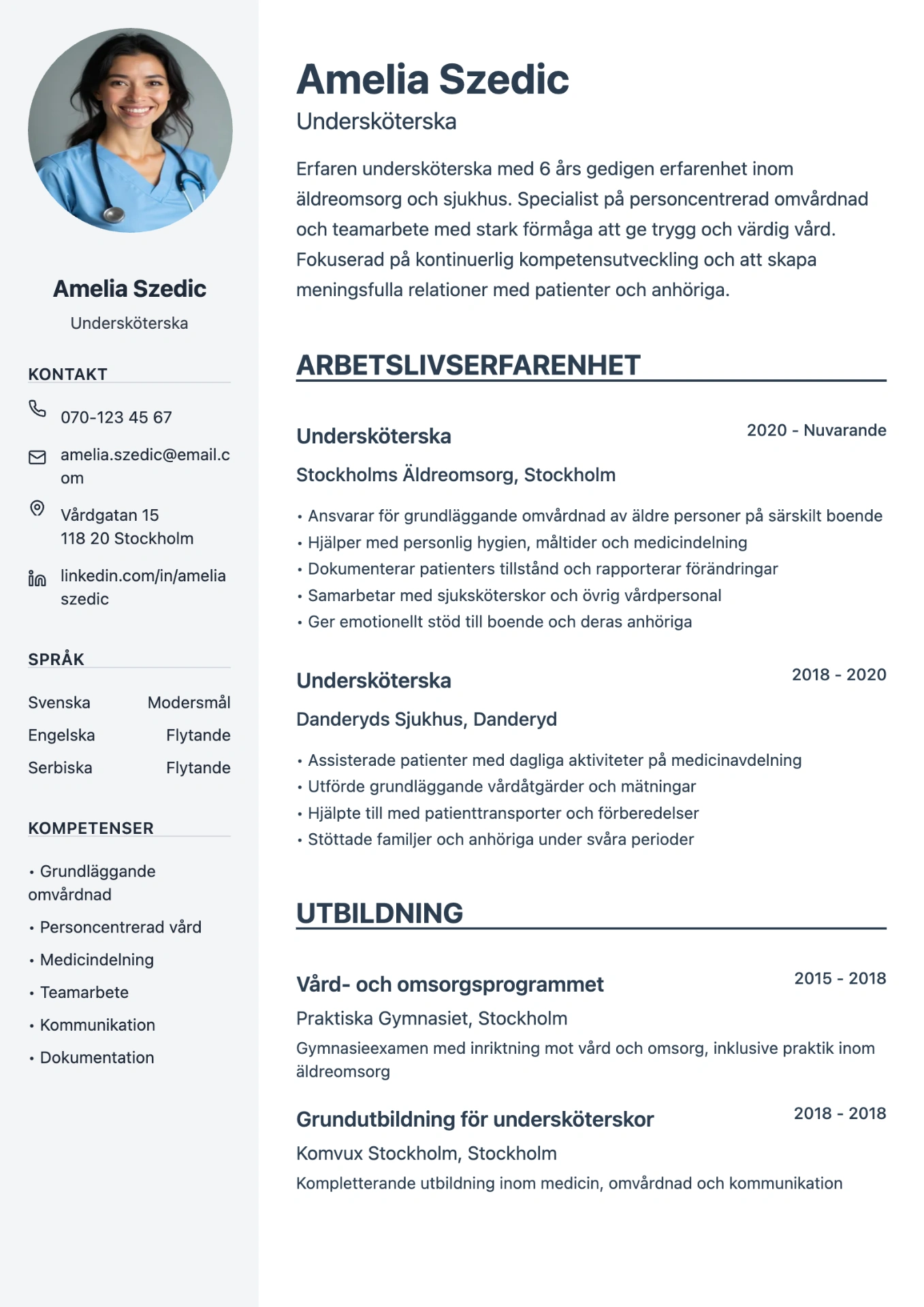 Exempel på CV för undersköterska skapat med professionell cv-mall
