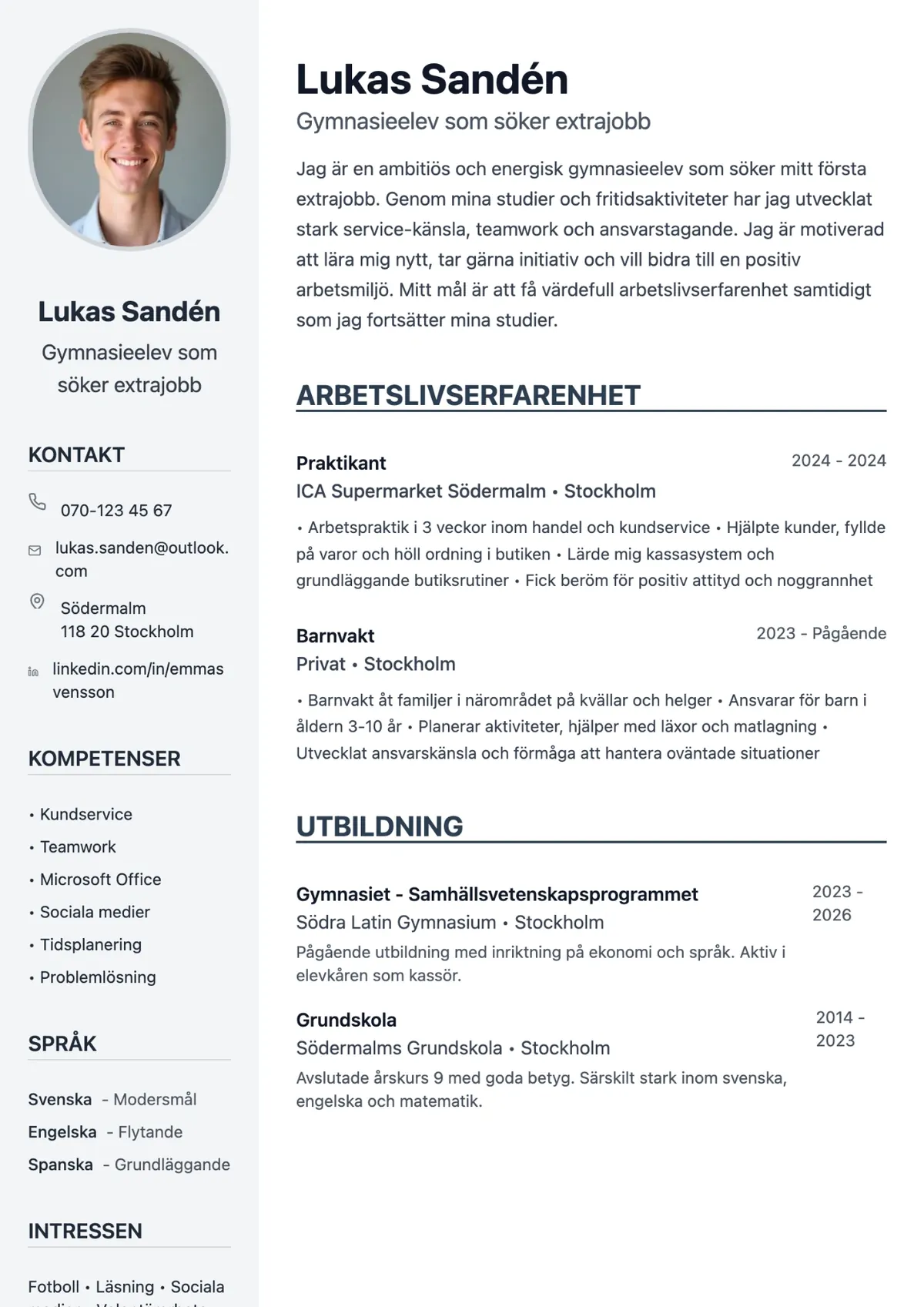 Exempel på CV för ungdom skapat med professionell cv-mall
