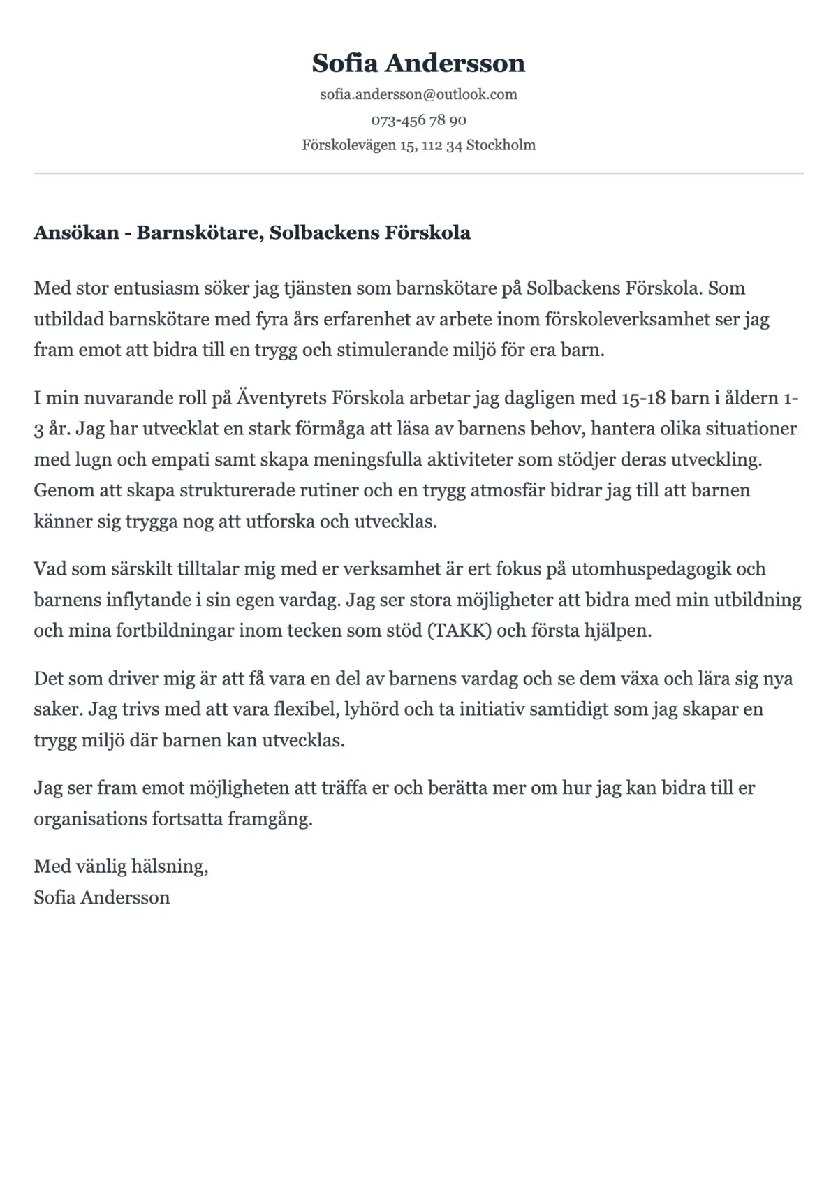Professionellt exempel på personligt brev för barnskötare med fokus på omsorg och trygghet
