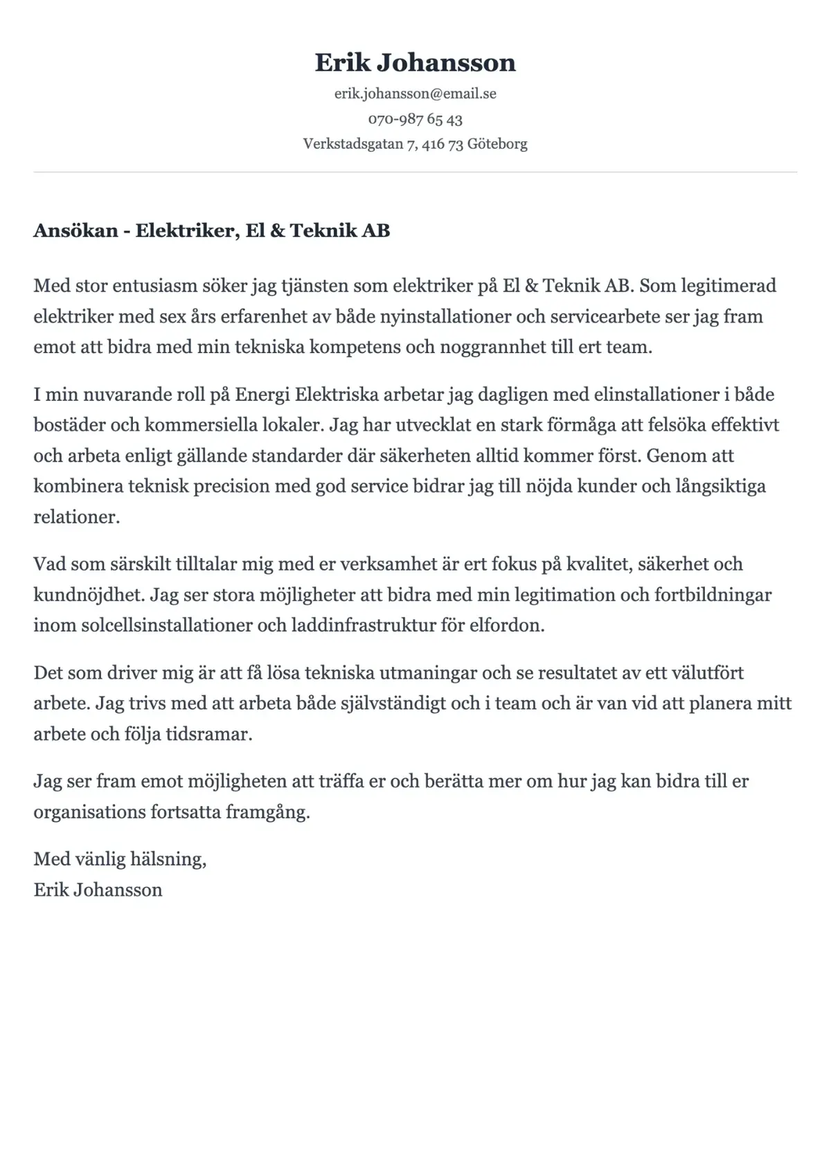 Praktiskt exempel på personligt brev för elektriker inom installation