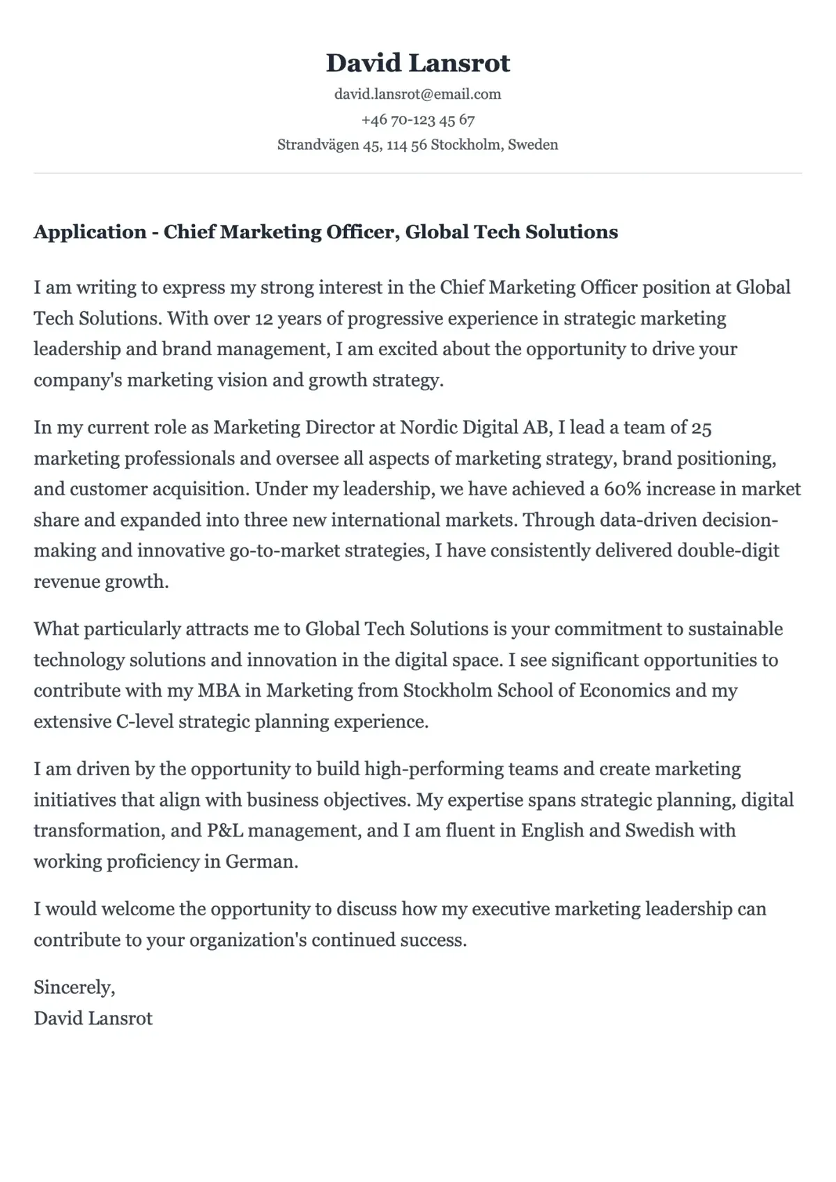 Professional cover letter example in English for international applications