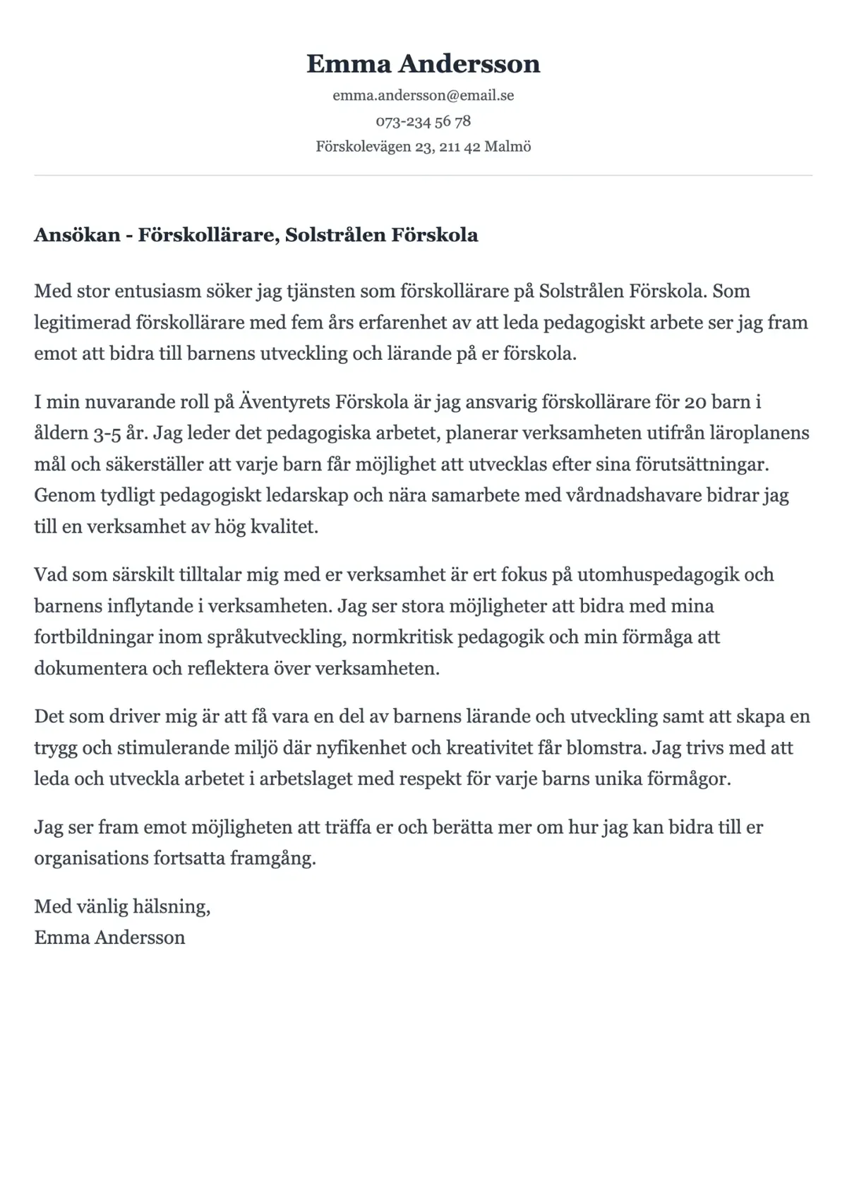 Professionellt exempel på personligt brev för förskollärare med pedagogiskt fokus