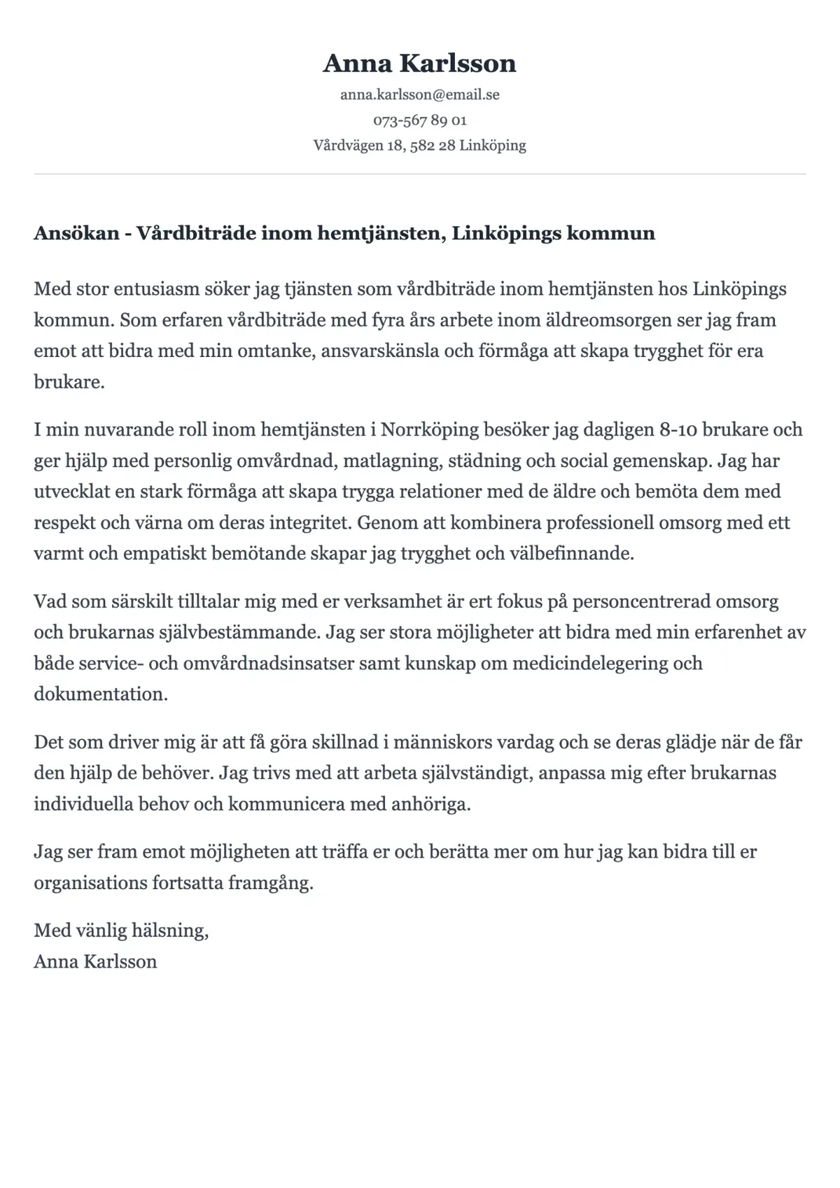 Empatiskt personligt brev exempel för hemtjänst med omsorgsperspektiv