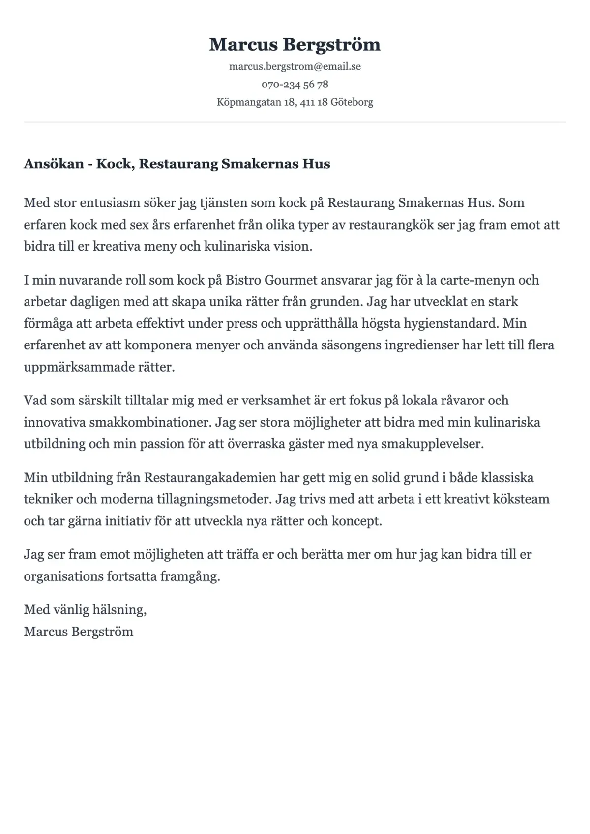 Passionerat personligt brev exempel för kock inom restaurangbranschen