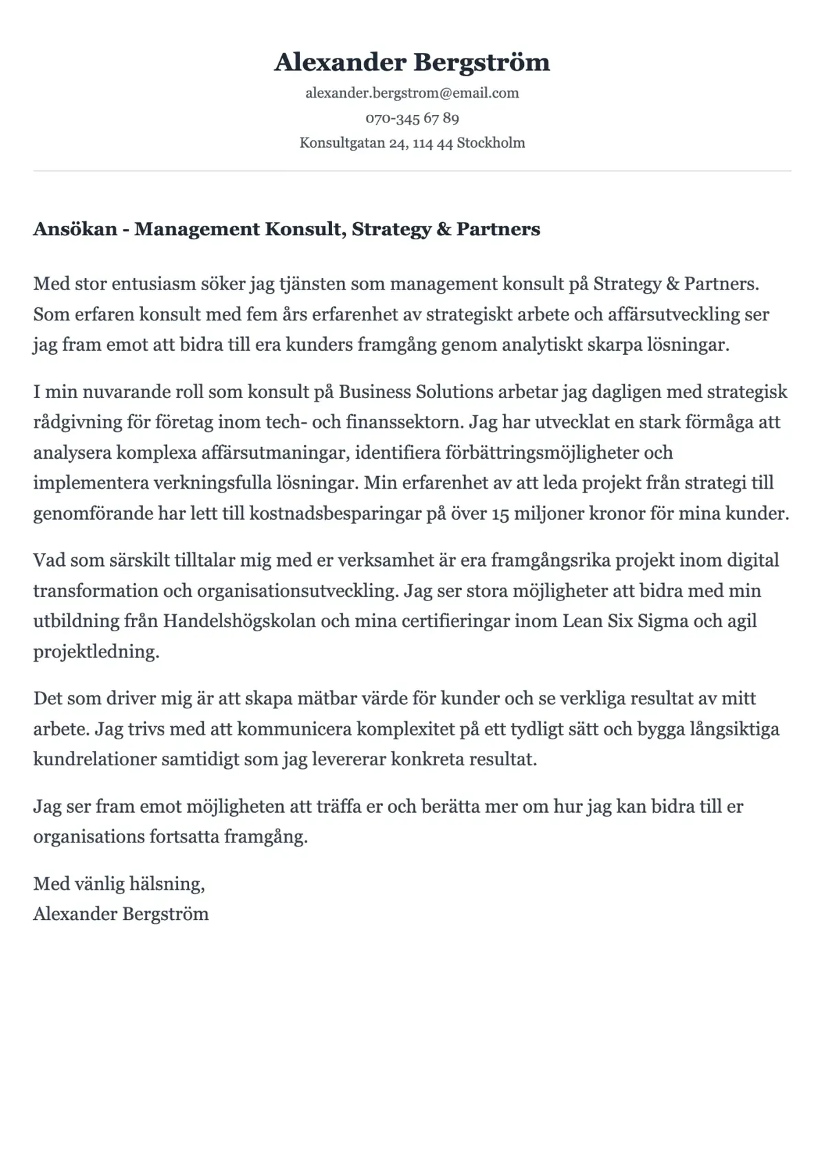 Strategiskt exempel på personligt brev för konsult med affärsfokus