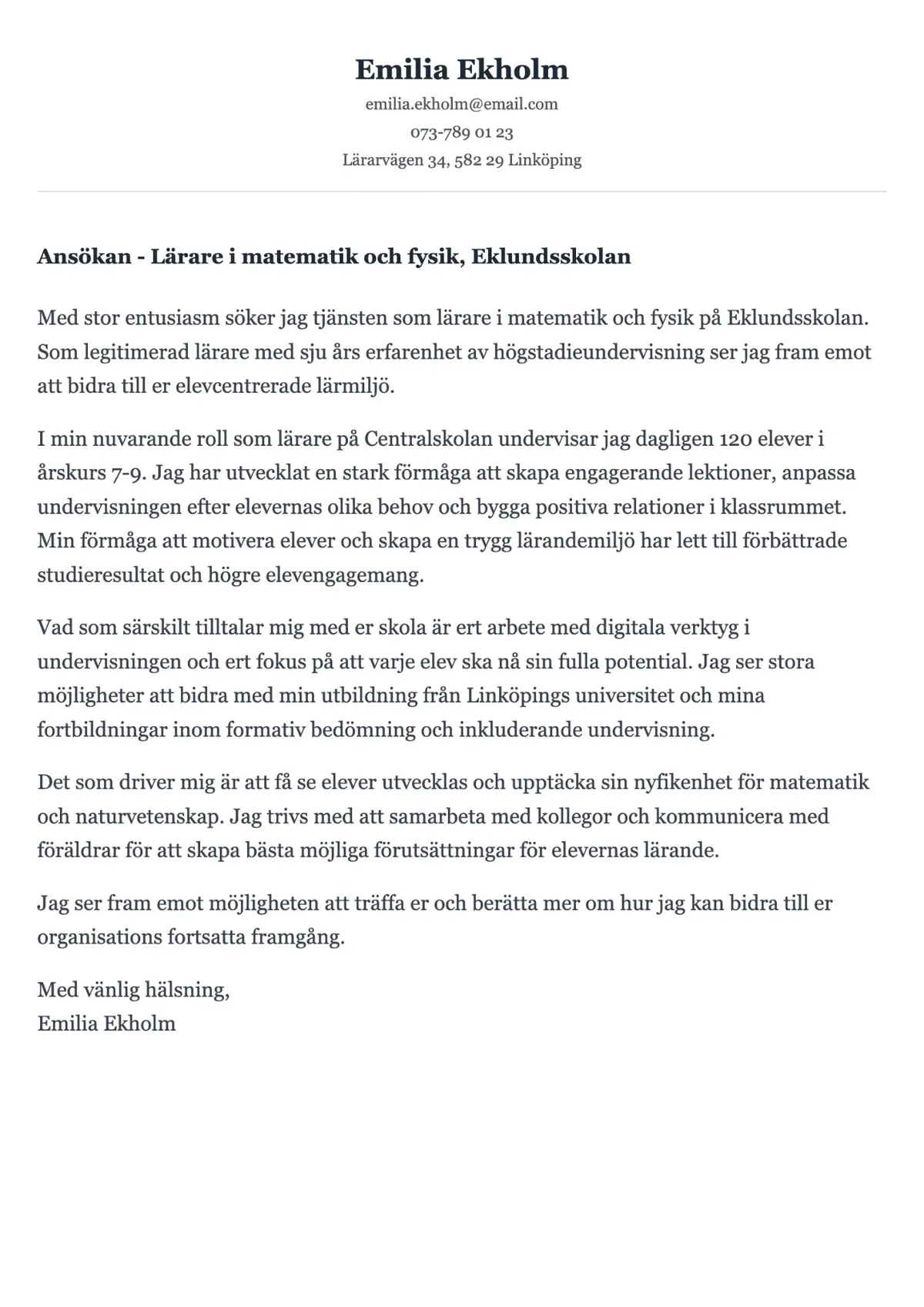 Professionellt exempel på personligt brev för lärare med pedagogiskt fokus