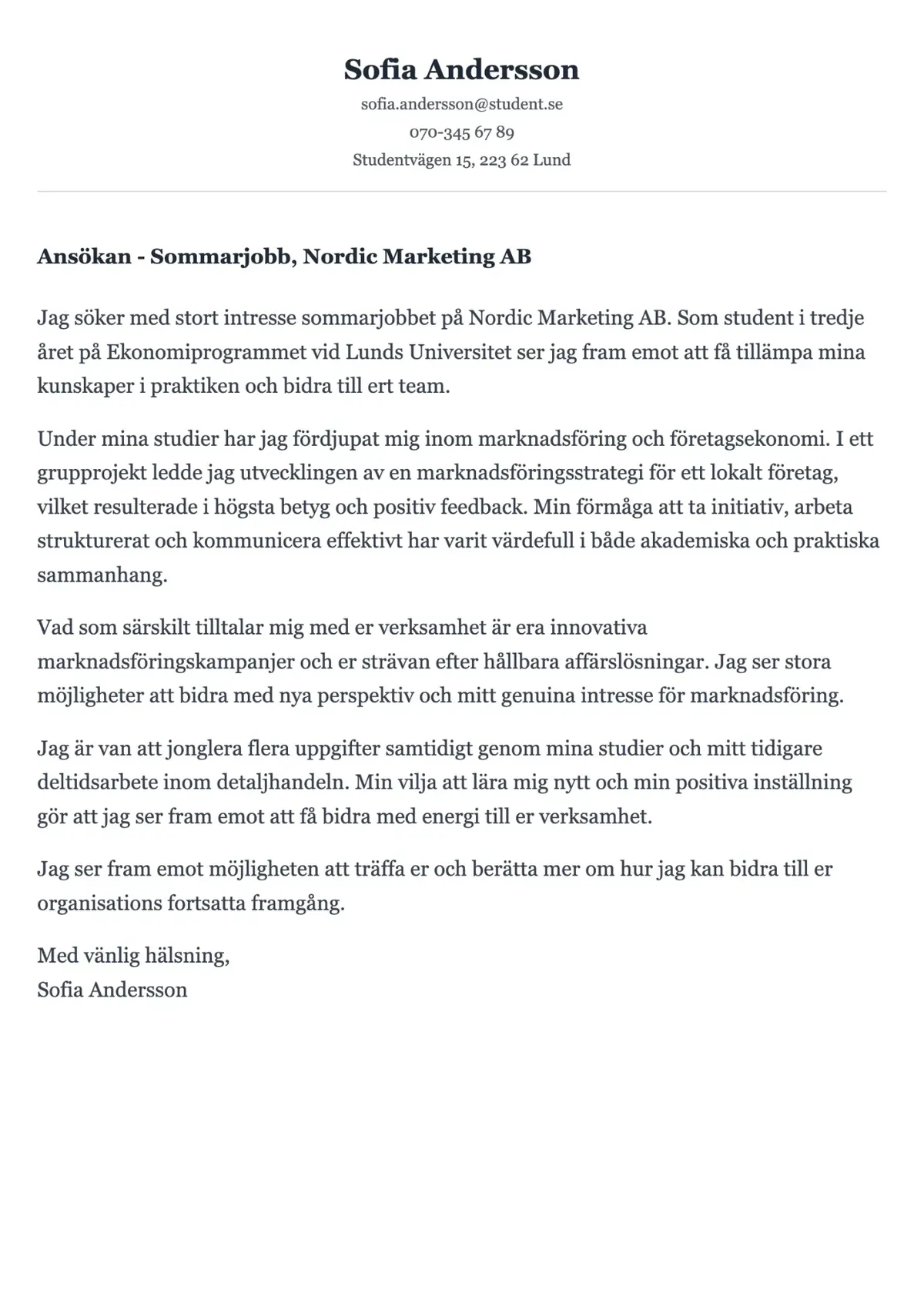 Framåtblickande personligt brev exempel för student utan arbetslivserfarenhet